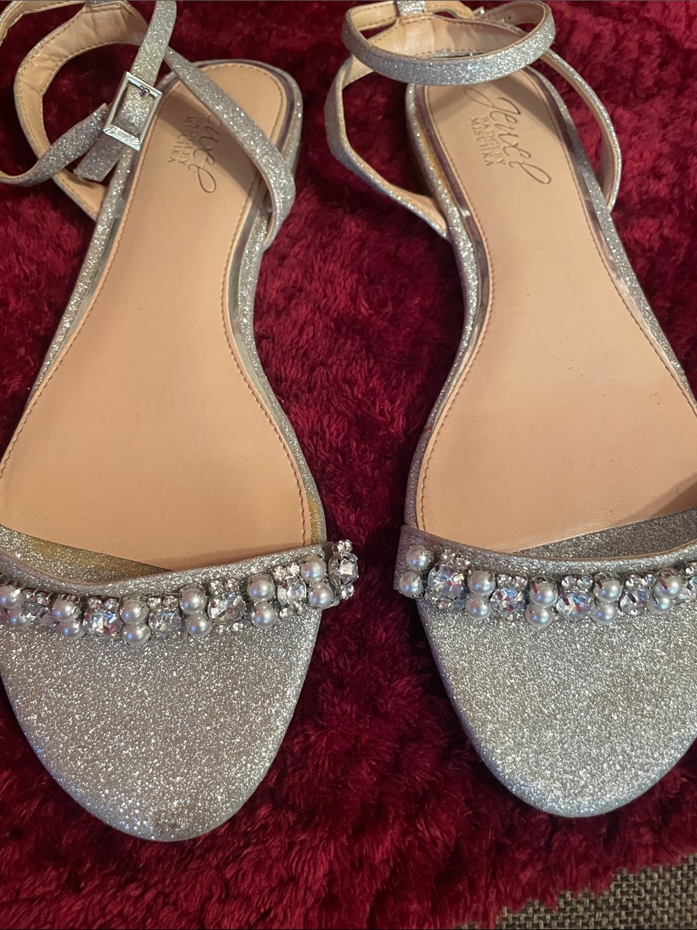 jewel madgley mischka Silver Glitter Pearl & Crystal Ankle-Strap Sandals - 6.5